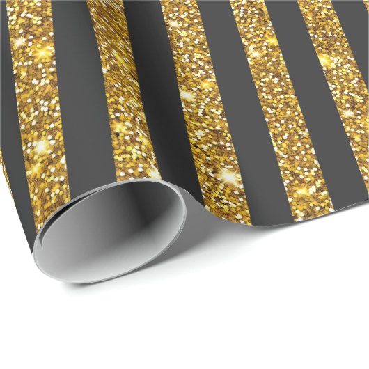 Girly Black Gold Glitzer Glitzern Stripmuster Geschenkpapier (Rolleneckpunkt)
