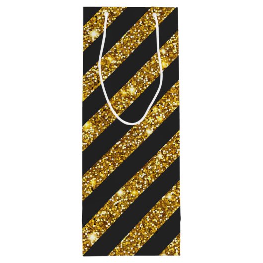 Girly Black Gold Glitzer Glitzern Stripmuster Geschenktüte Für Weinflaschen (Rückseite)