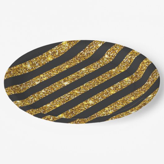 Girly Black Gold Glitzer Glitzern Stripmuster Pappteller (Schrägansicht)
