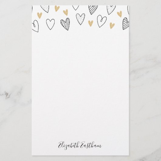 Girly Black Gold Heart Feminine Script Briefpapier (Vorderseite)