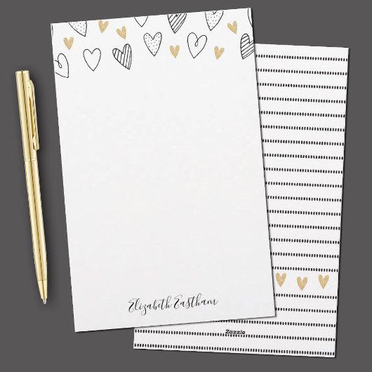 Girly Black Gold Heart Feminine Script Briefpapier