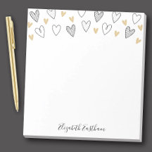 Girly Black Gold Heart Feminine Script Notepad