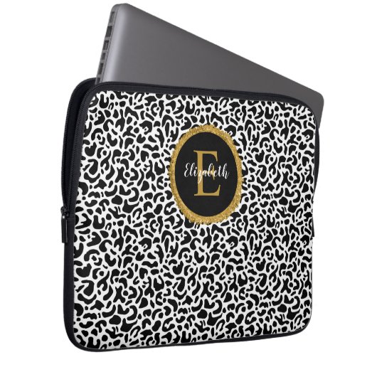 Girly Black Gold Leopard Monogram Laptopschutzhülle (Vorne Rechts)