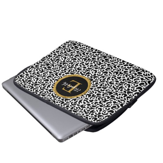 Girly Black Gold Leopard Monogram Laptopschutzhülle (Vorne Knopf)