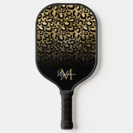 Girly Black Gold Leopard Ombre Monogram Pickleball Schläger