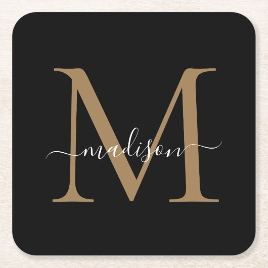 Girly Black Gold Monogram Elegante Moderne Skripte Rechteckiger Pappuntersetzer (Vorderseite)