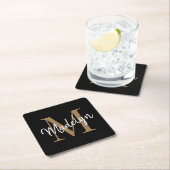 Girly Black Gold Monogram Elegante Moderne Skripte Rechteckiger Pappuntersetzer (Vor Ort)