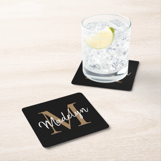 Girly Black Gold Monogram Elegante Moderne Skripte Rechteckiger Pappuntersetzer (Vor Ort)