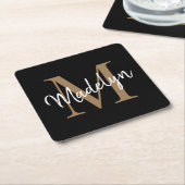 Girly Black Gold Monogram Elegante Moderne Skripte Rechteckiger Pappuntersetzer (angewinkelt)