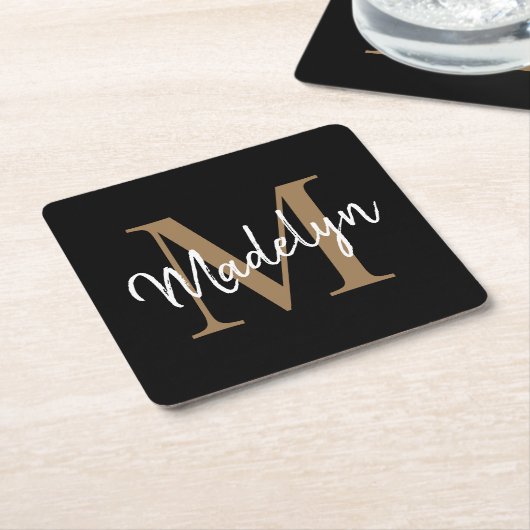 Girly Black Gold Monogram Elegante Moderne Skripte Rechteckiger Pappuntersetzer (angewinkelt)