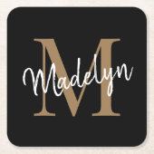 Girly Black Gold Monogram Elegante Moderne Skripte Rechteckiger Pappuntersetzer (Vorderseite)