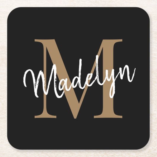 Girly Black Gold Monogram Elegante Moderne Skripte Rechteckiger Pappuntersetzer (Vorderseite)
