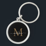 Girly Black Gold Monogram Name Elegantes Chic Scri Schlüsselanhänger<br><div class="desc">Einfache Girly Black Monogram Elegant Chic Modern Script Name Initialer Schlüsselanhänger</div>
