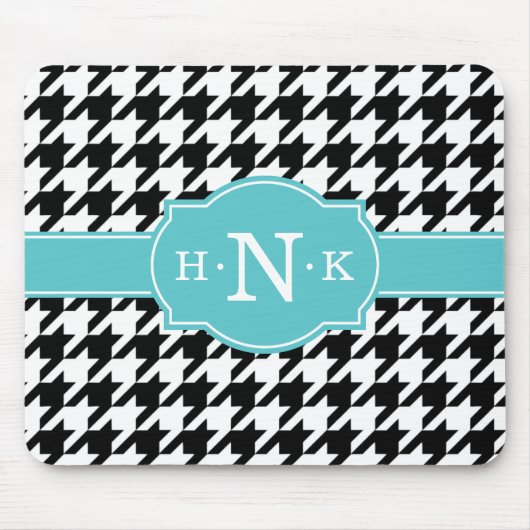 Girly Black Hahnentrittmuster Blue Monogram Mousepad (Vorne)
