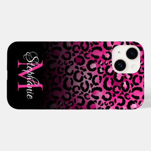 Girly Black Hot Pink Leopard Ombre Monogram Case-Mate iPhone Hülle (Rückseite (Horizontal))