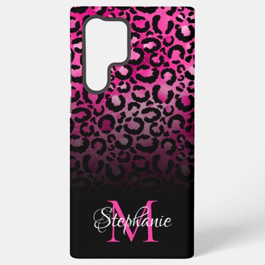 Girly Black Hot Pink Leopard Ombre Monogram Samsung Galaxy Hülle (Rückseite)