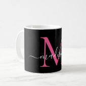 Girly Black Hot Pink Monogram Elegant Script Kaffeetasse (Vorderseite Links)