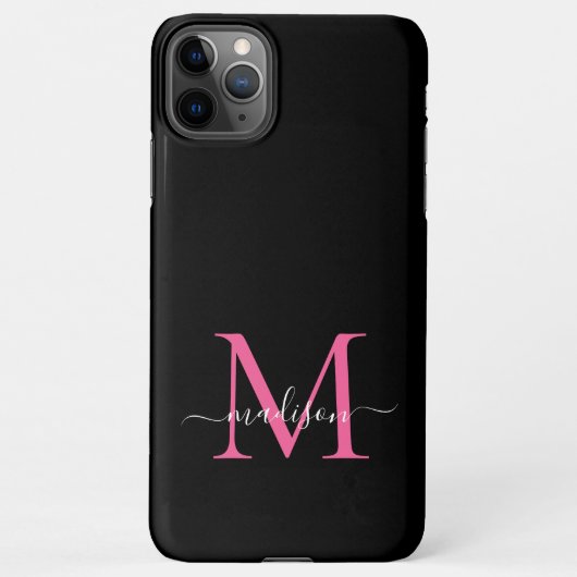 Girly Black Hot Pink Monogram Feminine Script Name iPhone Hülle (Rückseite)