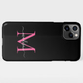 Girly Black Hot Pink Monogram Feminine Script Name iPhone Hülle (Rückseite (Horizontal))