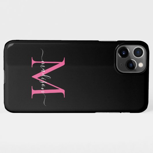 Girly Black Hot Pink Monogram Feminine Script Name iPhone Hülle (Rückseite (Horizontal))