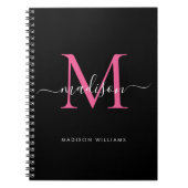 Girly Black Hot Pink Monogram Script Name Initial Notizblock (Vorderseite)