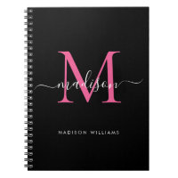 Girly Black Hot Pink Monogram Script Name Initial