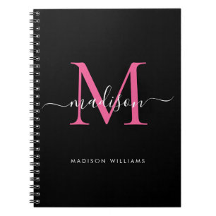 Girly Black Hot Pink Monogram Script Name Initial Notizblock