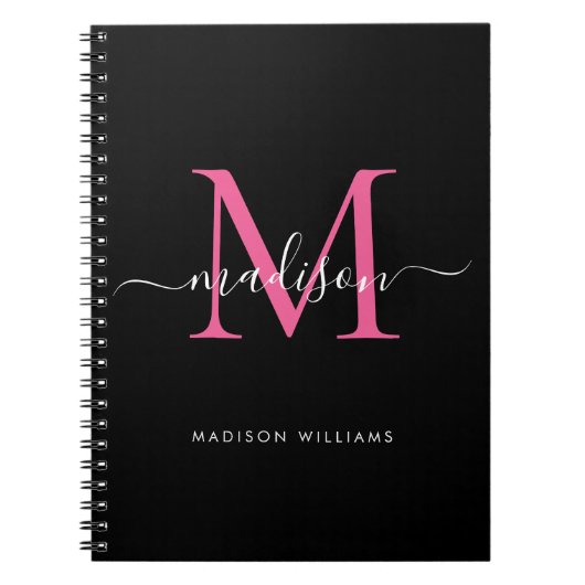 Girly Black Hot Pink Monogram Script Name Initial Notizblock (Vorderseite)