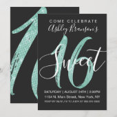 Girly Black Imitats Mint Aquamarin Sequin Glitzer  Einladung (Vorne/Hinten)
