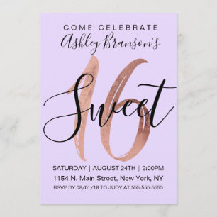 Girly Black Lila Rose Gold Foil Sweet 16 Einladung