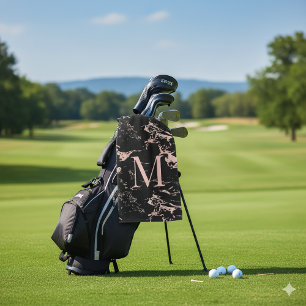 Girly Black Marble Rose Gold Foil Monogram Golfhandtuch