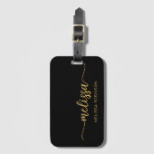 Girly Black Monogram Name Signature Script Gepäckanhänger (Vorderseite Vertikal)
