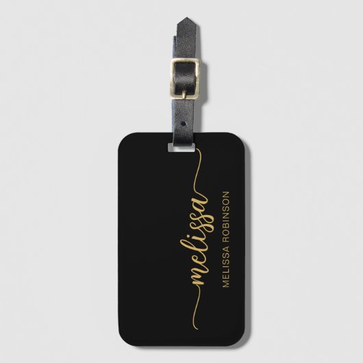 Girly Black Monogram Name Signature Script Gepäckanhänger (Vorderseite Vertikal)