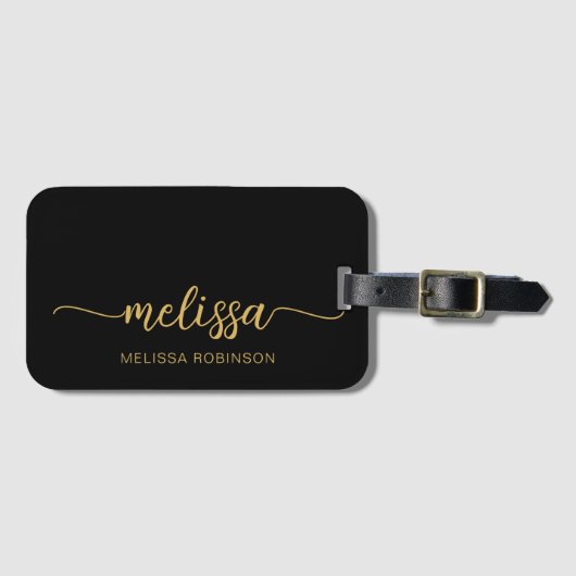 Girly Black Monogram Name Signature Script Gepäckanhänger (Vorderseite (Horizontal))