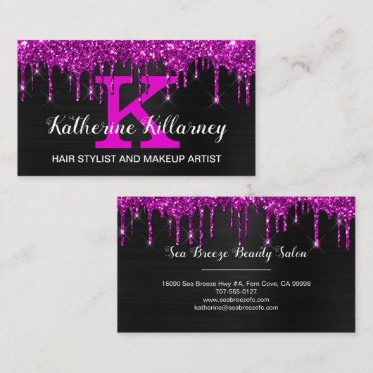 Girly Black Neon Plum Glitzer Tropfen Chic Monogra Visitenkarte (Vorne/Hinten)