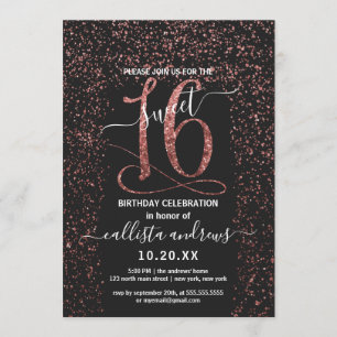 Girly Black Rose Gold Confetti Border Sweet 16 Einladung
