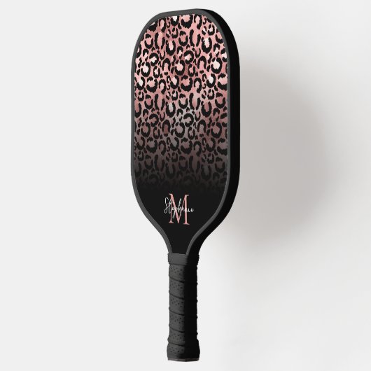 Girly Black Rose Gold Leopard Ombre Monogram Pickleball Schläger (Links)