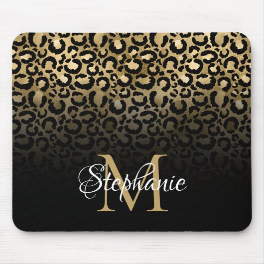 Girly Black und Gold Leopard Ombre Monogram Mousepad (Vorne)