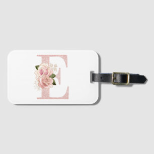 Girly Blassrosé-Gold Glitter Blumenmonogramm E Gepäckanhänger