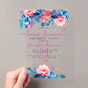Girly Blau Rosa Floral Sweet 16 Geburtstagsfeier  Acryleinladungen
