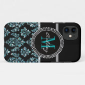 Girly blauer Glitzer-Schwarz-Damast personalisiert Case-Mate iPhone Hülle (Rückseite (Horizontal))
