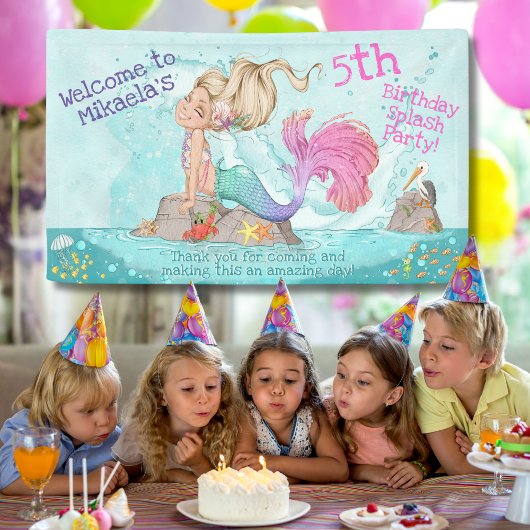 Girly Blonde Turquoise Pink Mermaid Birthday Banner