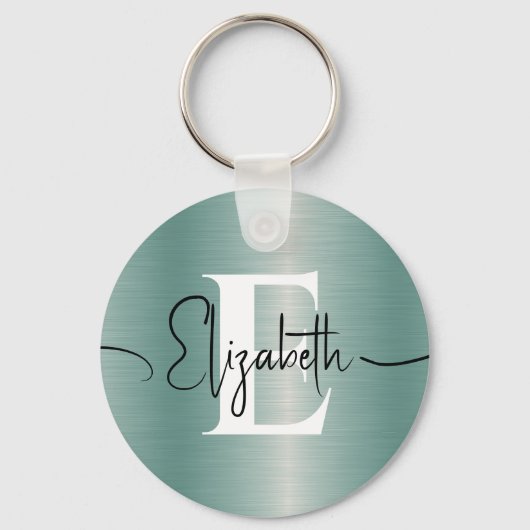 Girly Blue Brushed Metal Monogram und Script Name Schlüsselanhänger (Vorderseite)