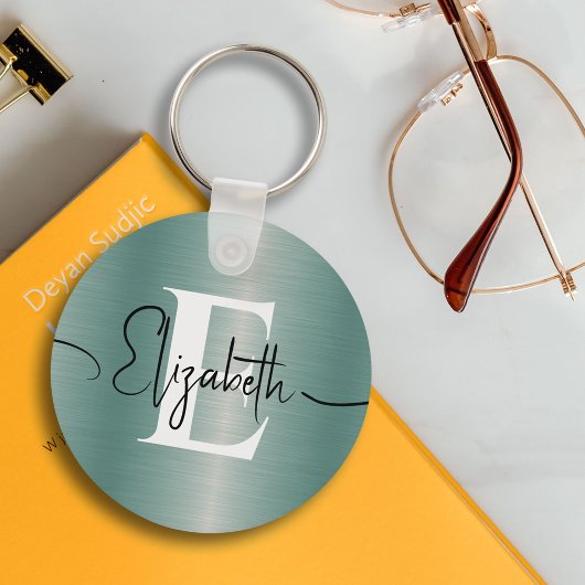 Girly Blue Brushed Metal Monogram und Script Name Schlüsselanhänger