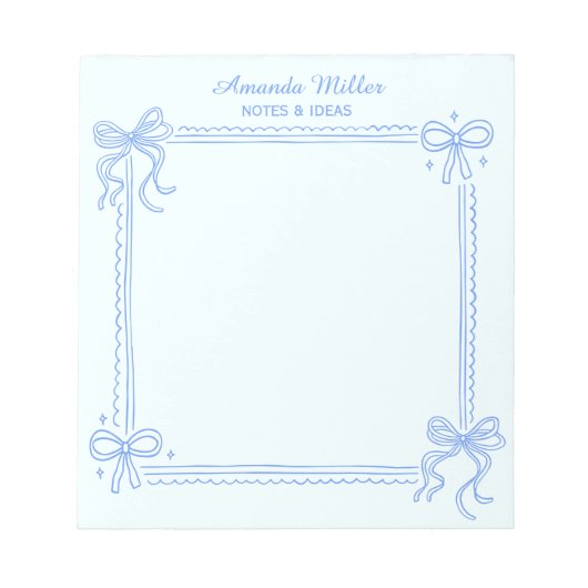 Girly Blue Coquette Bow Personalized Name Notizblock (Vorderseite)