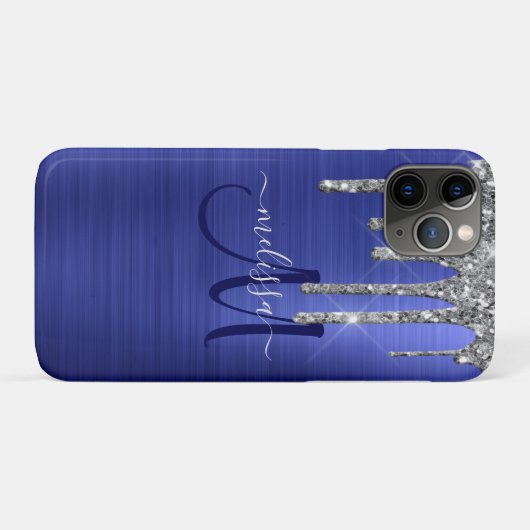 Girly Blue Dripping Glitzer Brush Metal Monogram Case-Mate iPhone Hülle (Rückseite (Horizontal))