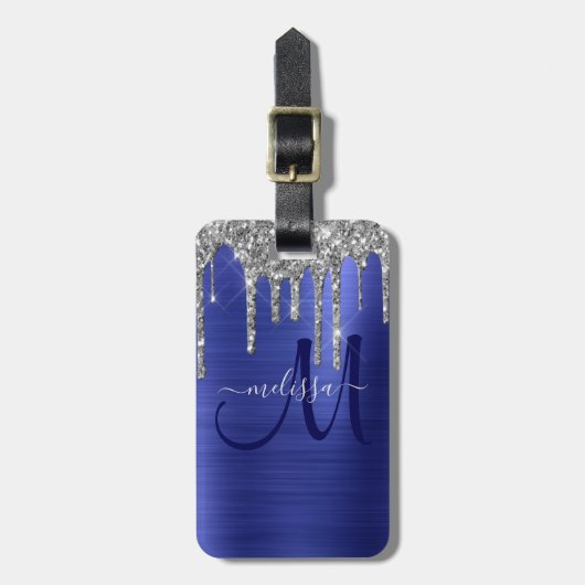 Girly Blue Dripping Glitzer Brush Metal Monogram Gepäckanhänger (Vorderseite vertikal)