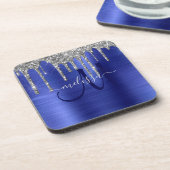 Girly Blue Dripping Glitzer Brush Metal Monogram Getränkeuntersetzer (Linke Seite)