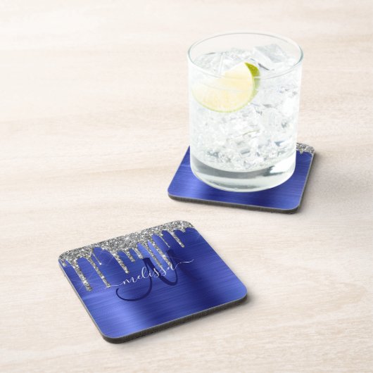 Girly Blue Dripping Glitzer Brush Metal Monogram Getränkeuntersetzer (Rechte Seite)
