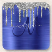 Girly Blue Dripping Glitzer Brush Metal Monogram Getränkeuntersetzer (Vorderseite)